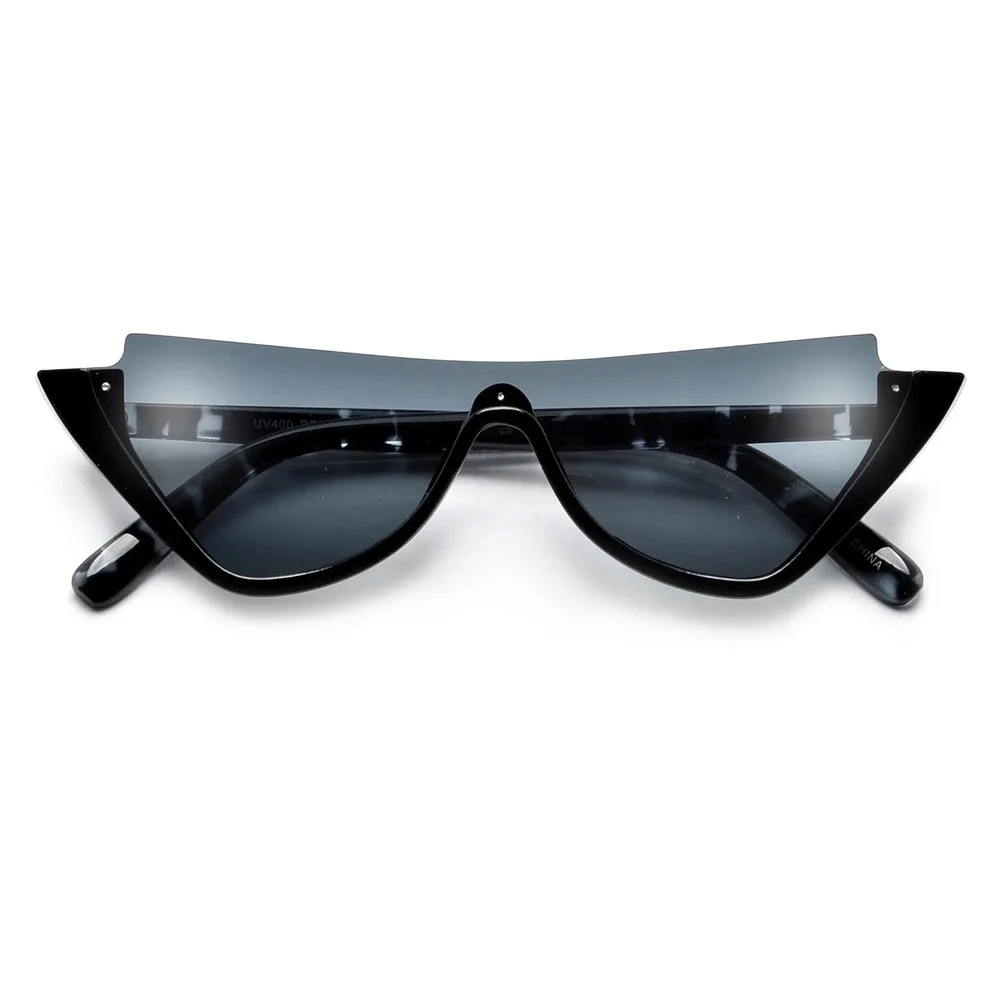 Black Geometric Cat Eye Shield Sunglasses UV400 Grey Marble Arms Futuristic 2026